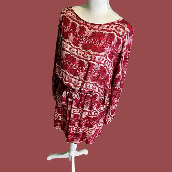 Parker 100% Silk Red Python Snakeskin Print Blouson Sleeve Belted Mini Dress M - Picture 5 of 14